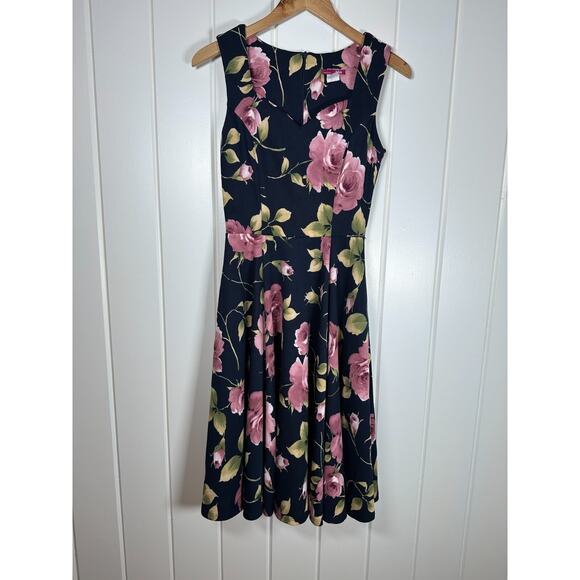Modcloth Ixia Dress Small Navy Pink Rose Floral Retro Fit and Flaire Jersey Knit - Picture 1 of 7